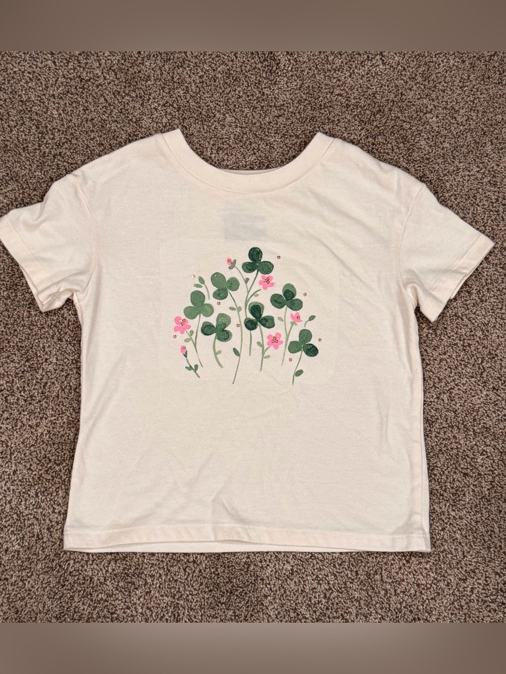 Kids White T-Shirt with Green Clover & Pink Flower Print